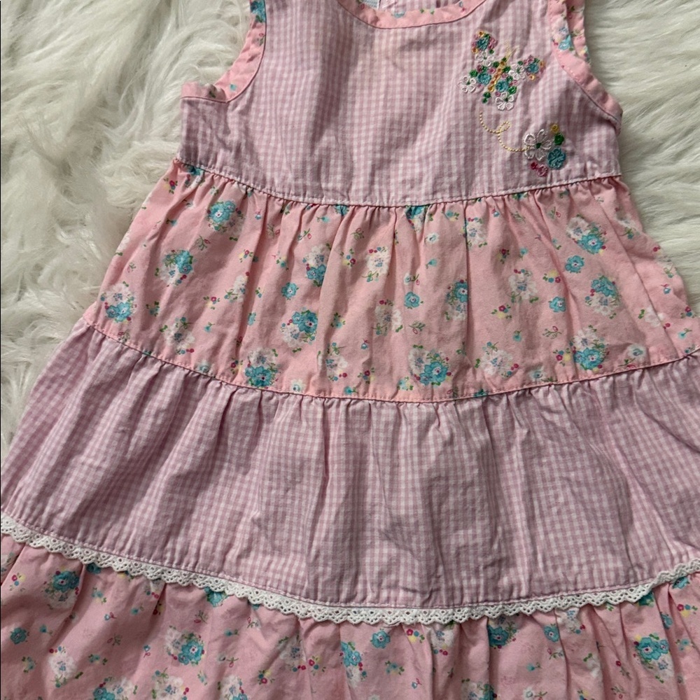 Wonderkids Pink Tiered Floral Cotton Dress with Blue Accents - Picture 2 of 4